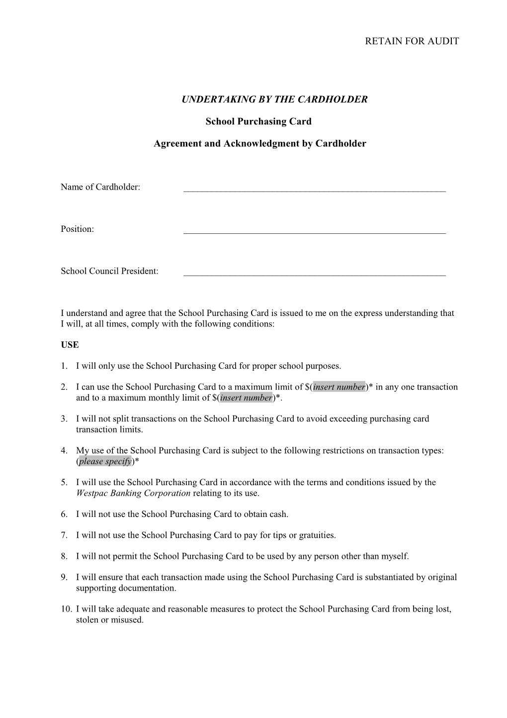 Undertaking by the Cardholder: School Purchasing Card Agreement and Acknowledgement By