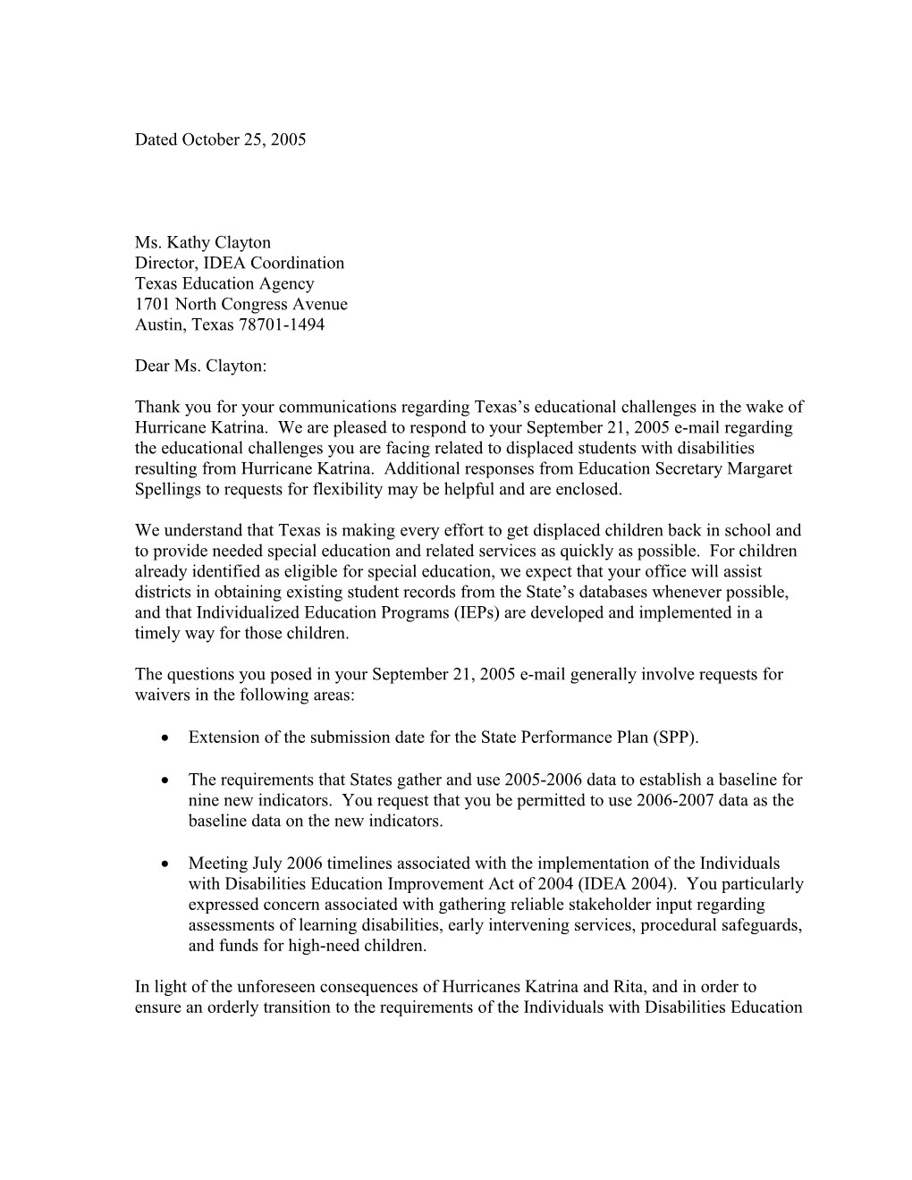 Letter Dated 10/25/05 to Clayton Re: Interpreting IDEA Or the Regulations That Implement