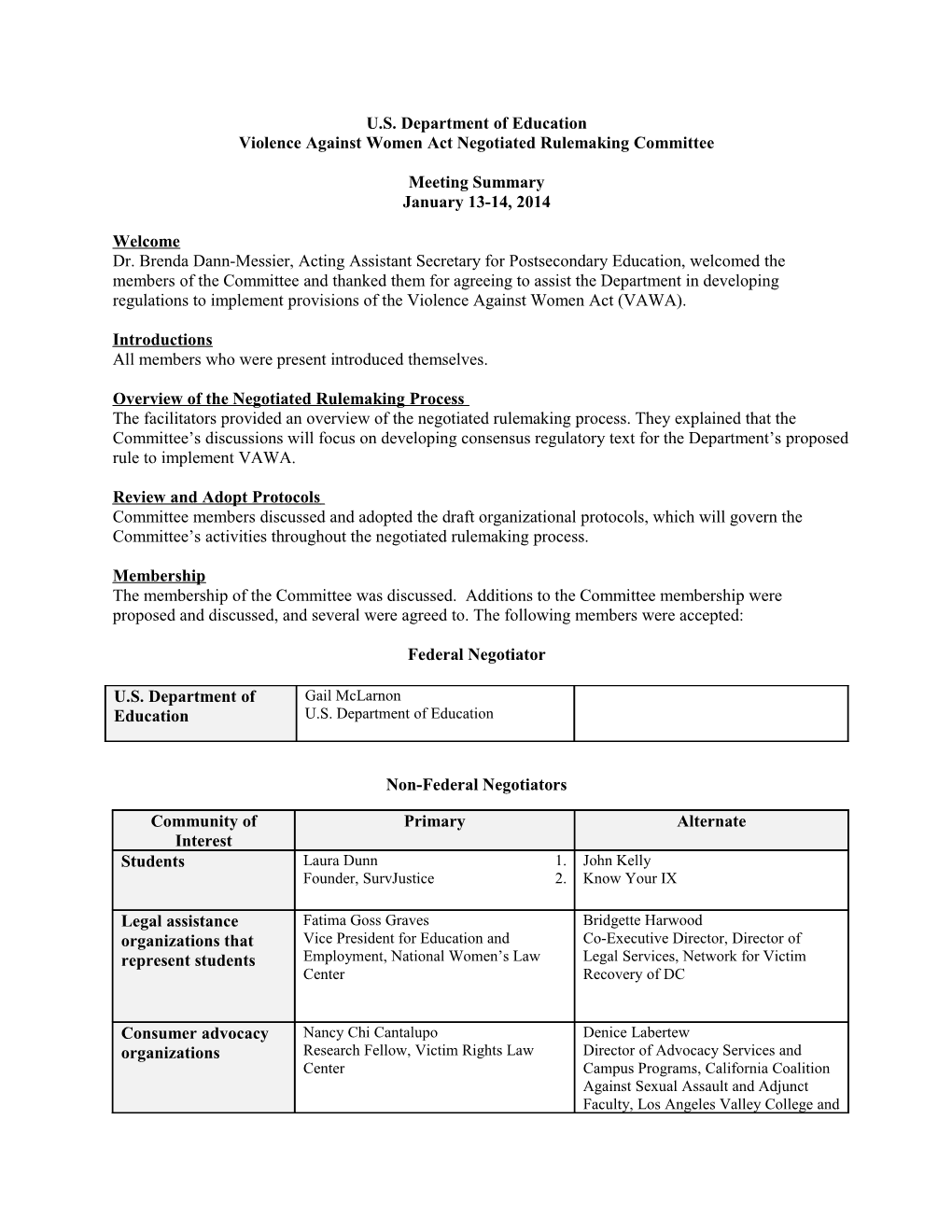 Negotiated Rulemaking for Higher Education 2012-2014: VAWA Meeting Summary of January 13-14