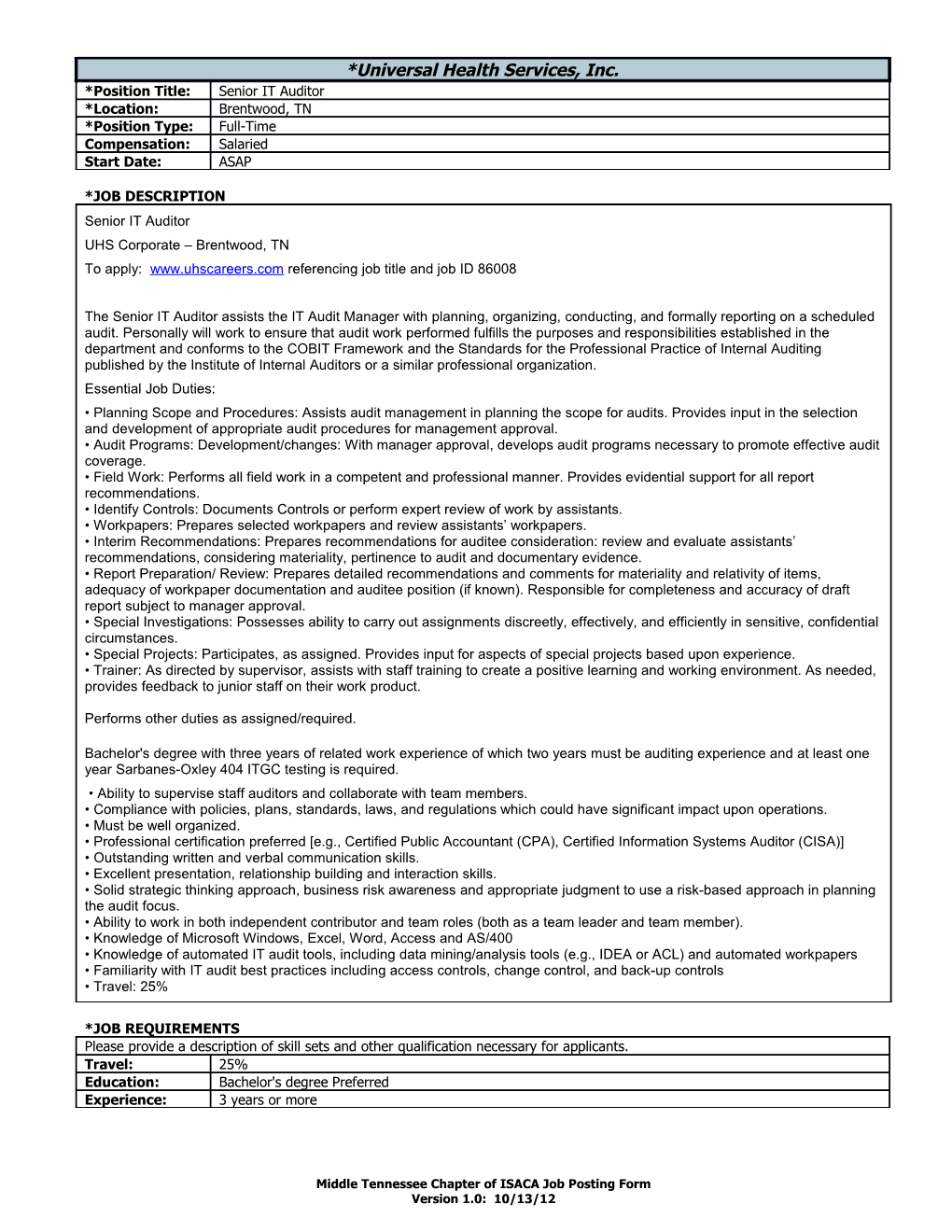 Middle Tennessee Chapter of ISACA Job Posting Form