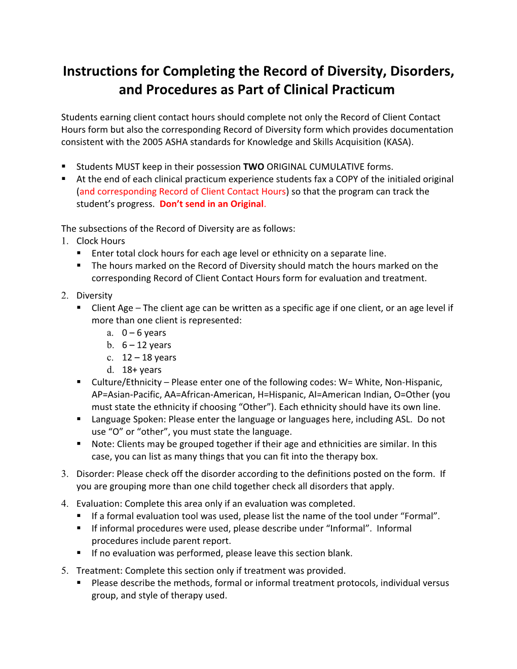 Instructions for Completing the Record of Diversity, Disorders, and Procedures As Part