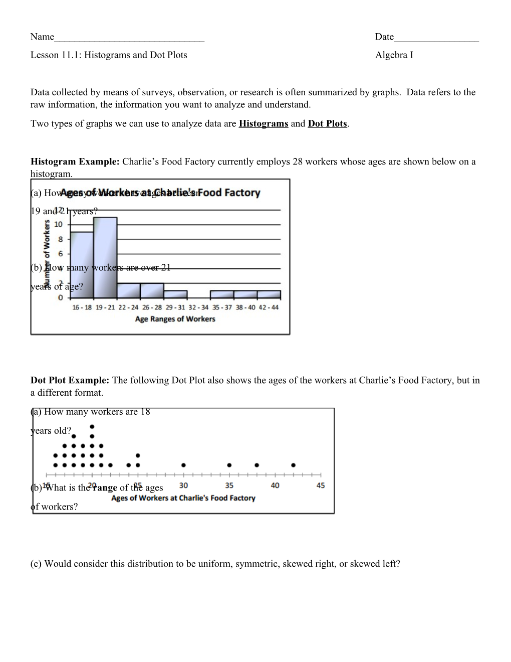 Lesson 11.1: Histograms and Dot Plots Algebra I