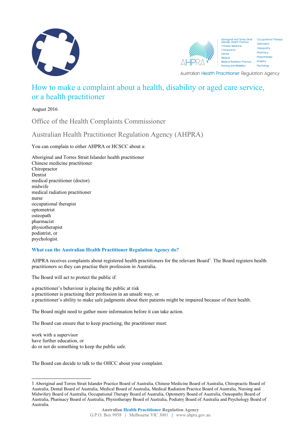 Brochure - Health Complaints Entities and AHPRA - Tasmania