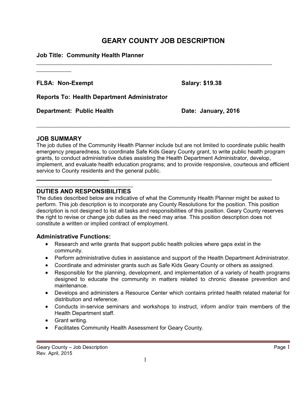 Job Title: Community Health Planner