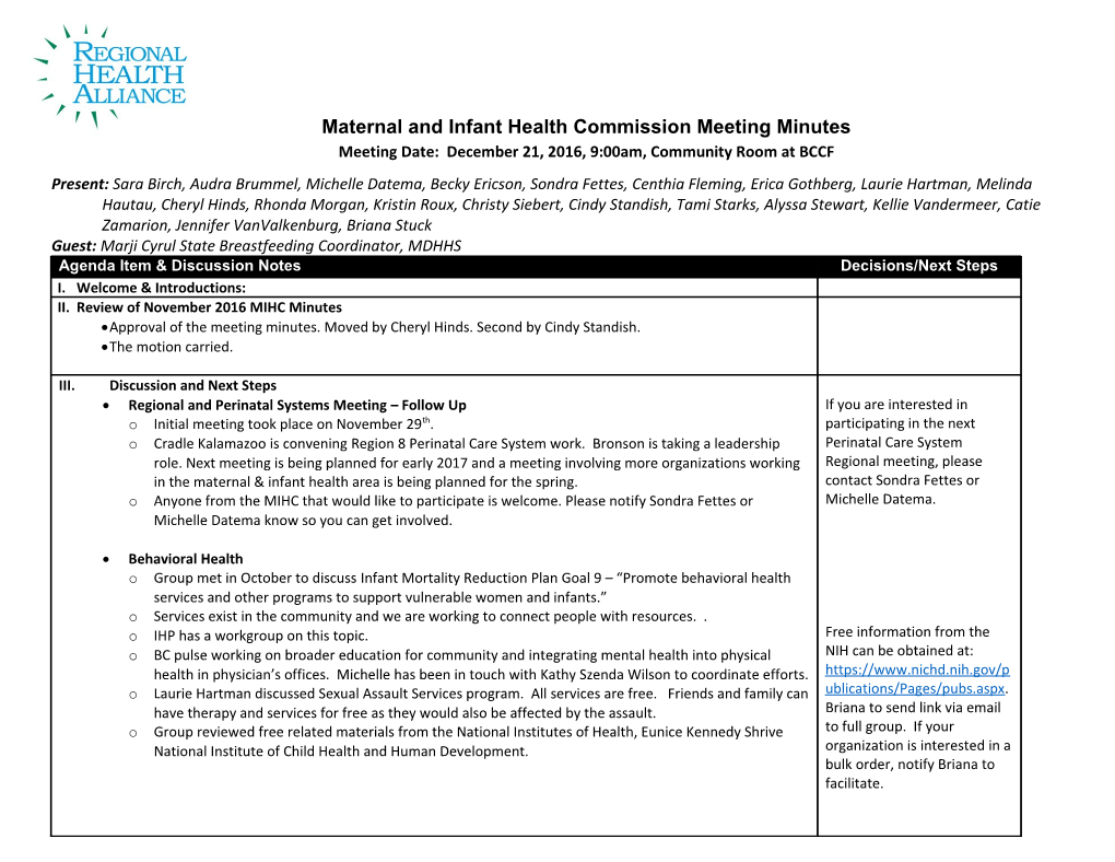 Maternal and Infant Health Commissionmeeting Minutes