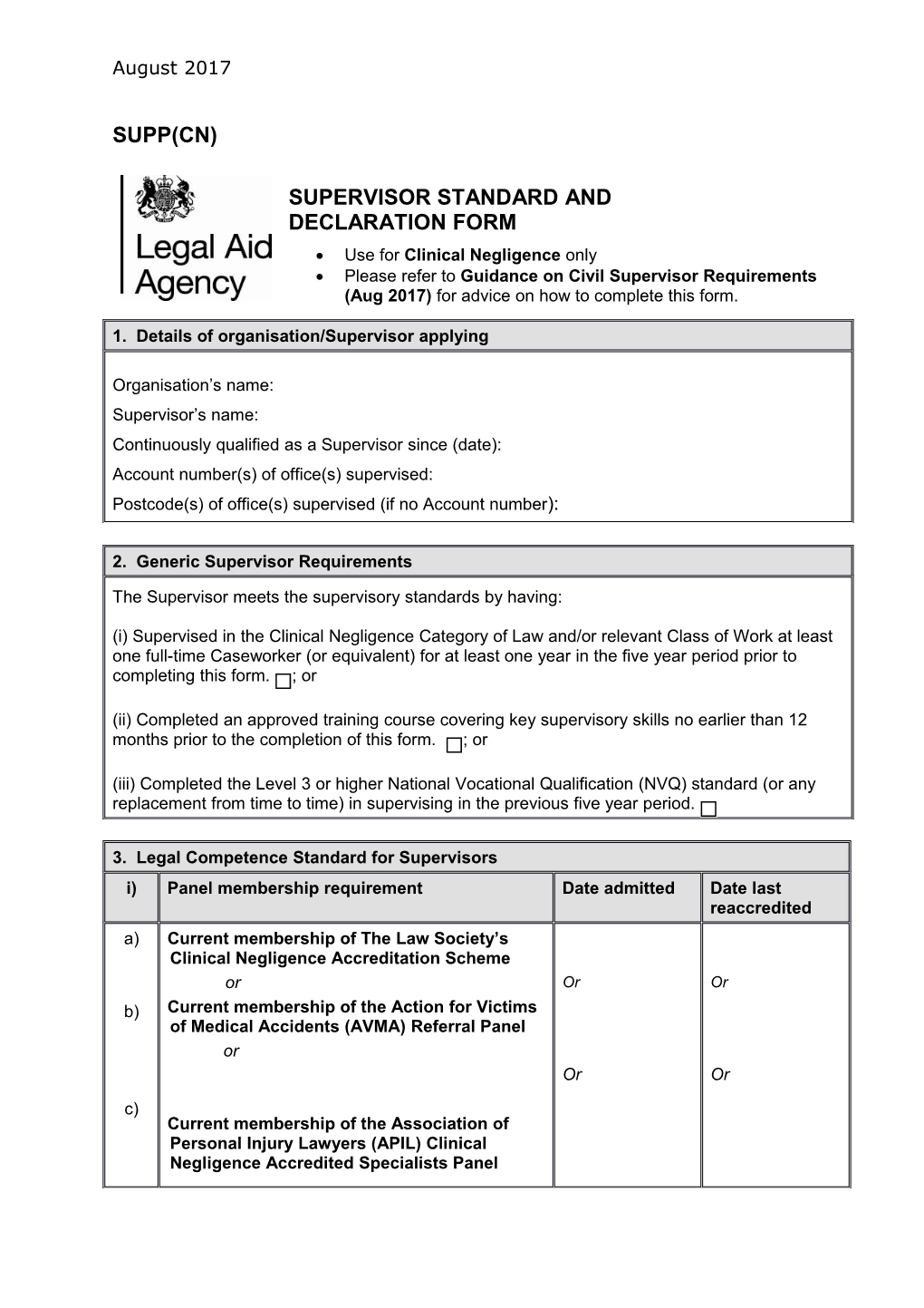Clinical Negligence Supervisor Declaration Form