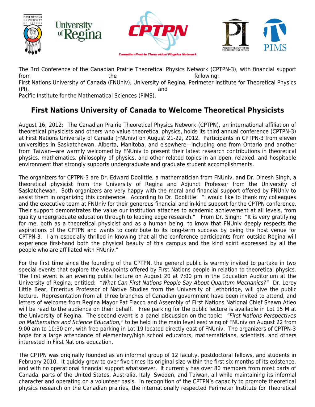 First Nations University of Canada to Welcome Theoretical Physicists