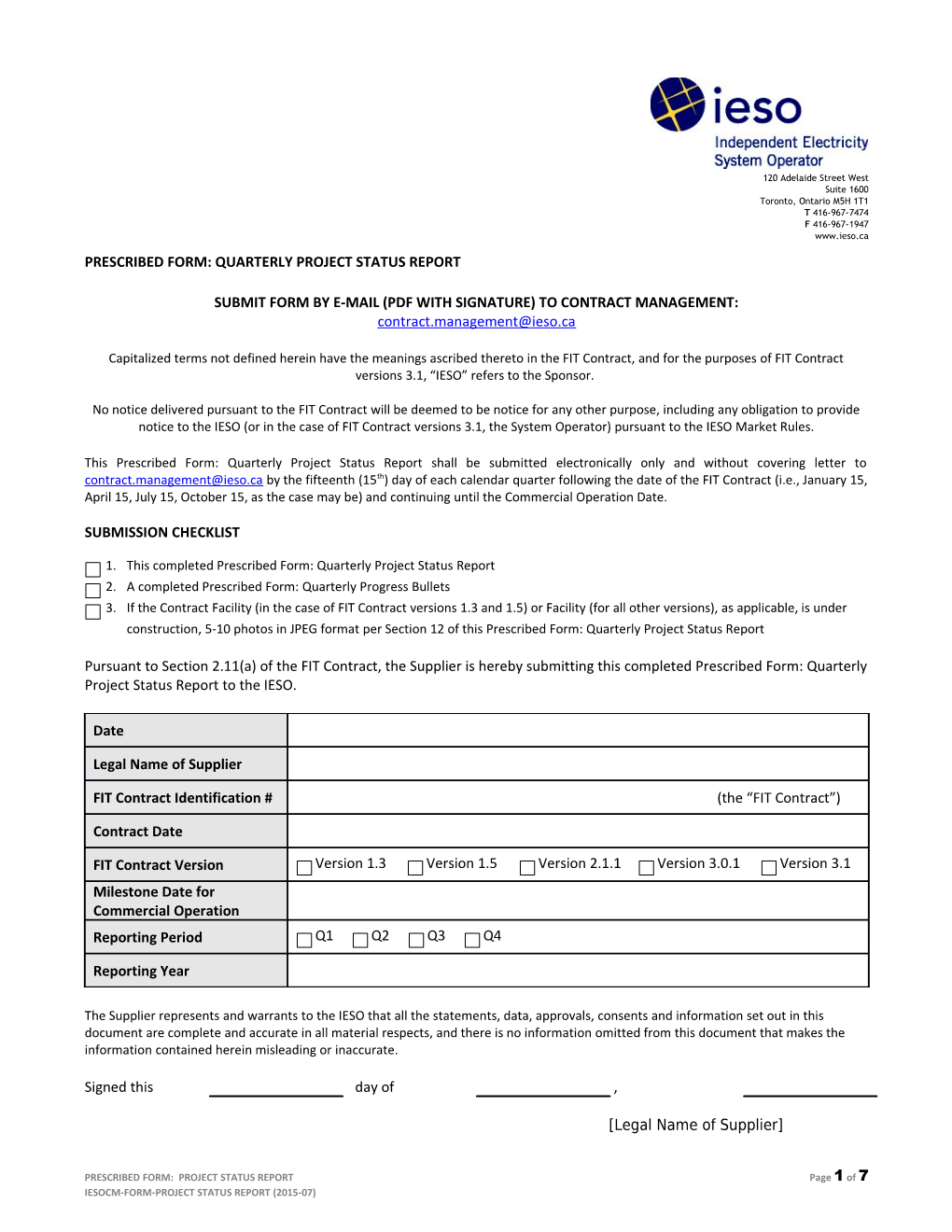 Prescribed Form - Quarterly Project Status Report