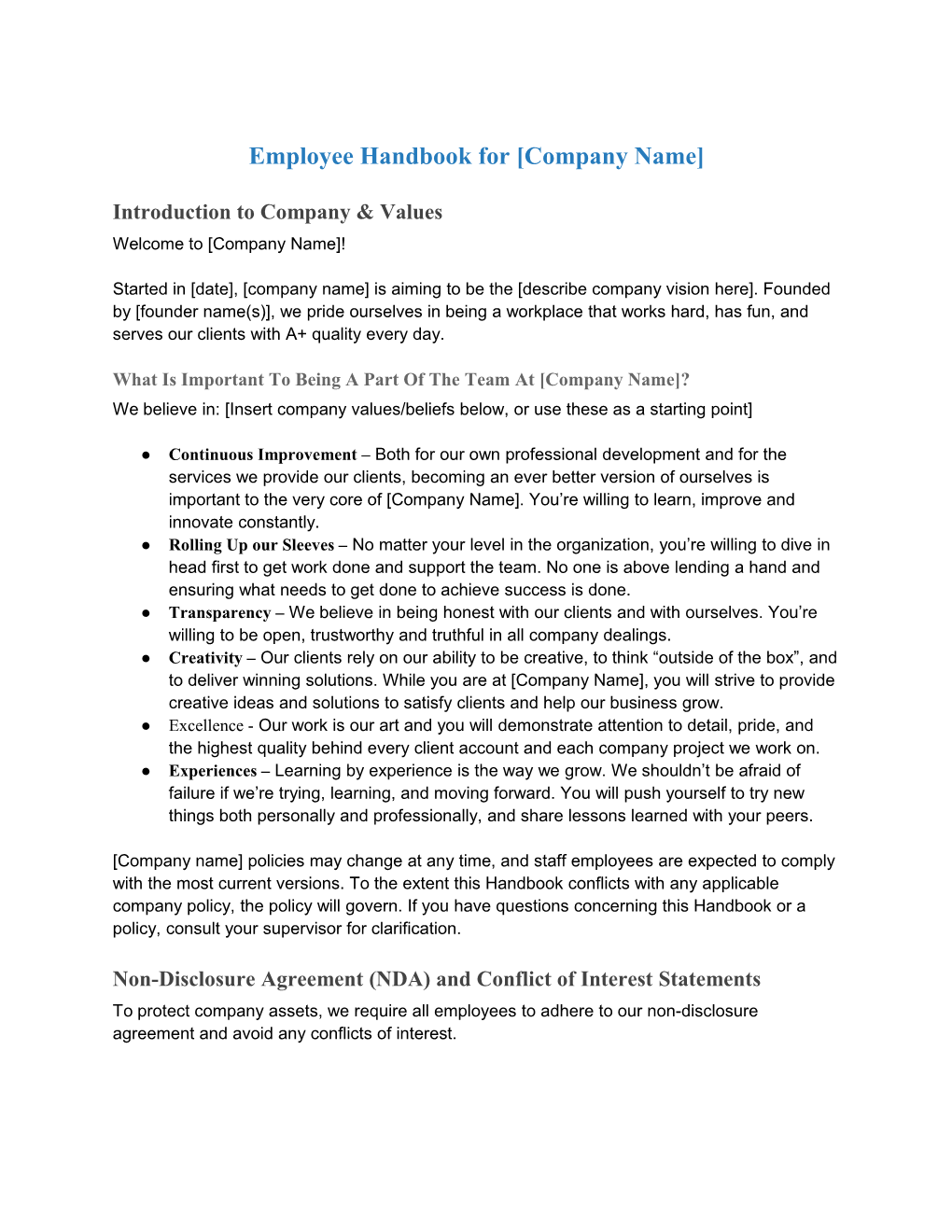 Employee Handbook for Company Name