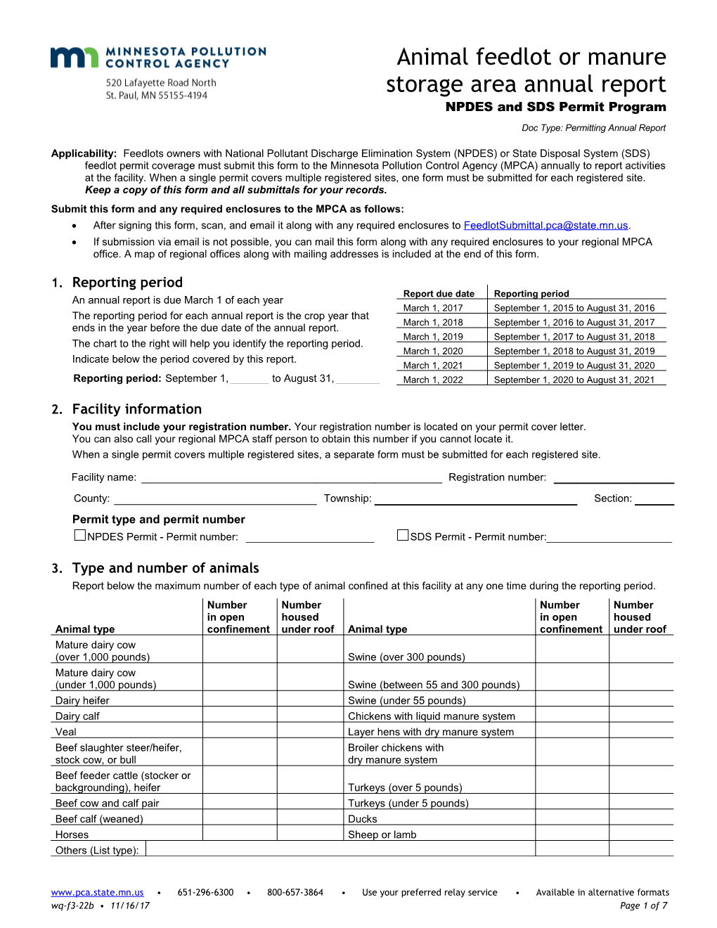 Animal Feedlot Or Manure Storage Area Annual Report - NPDES/SDS Permit Program - Form