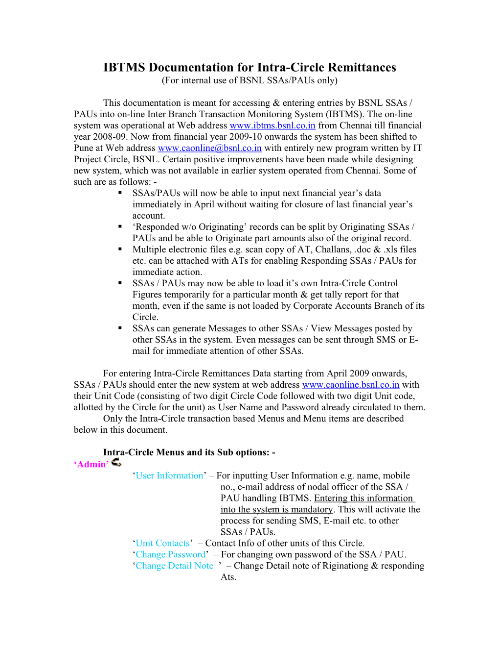 IBTMS Documentation for Inter-Circle Remittances