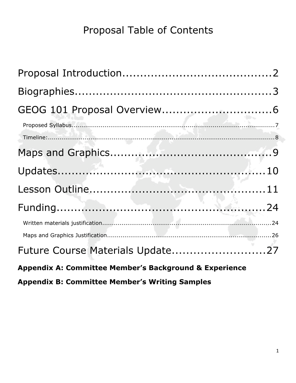 Proposal Table of Contents