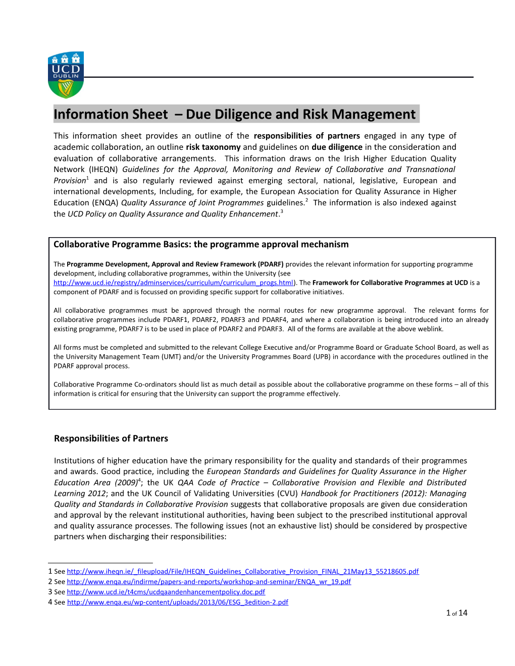 2 Framework for Collaborative Programmes at UCD - Project Plan (V1.6, 13.11.2014)