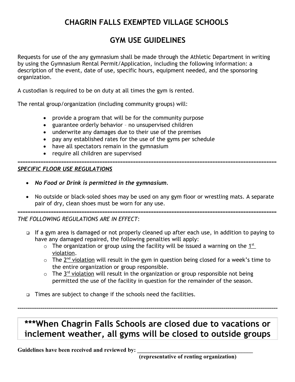 Chagrin Falls Schools Gym Use Guidelines