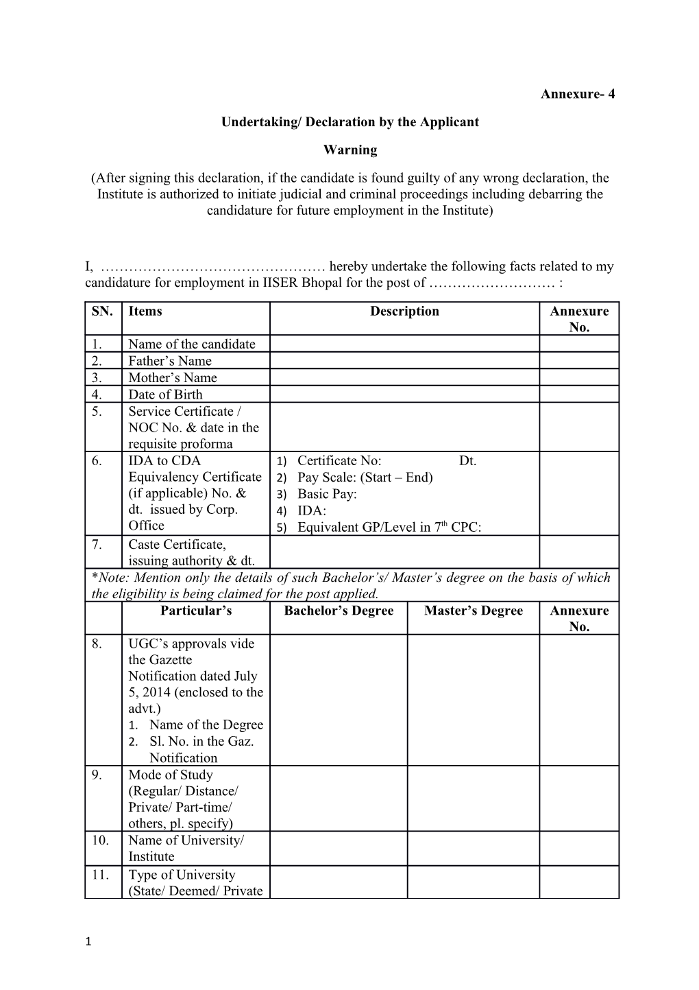 Undertaking/ Declaration by the Applicant