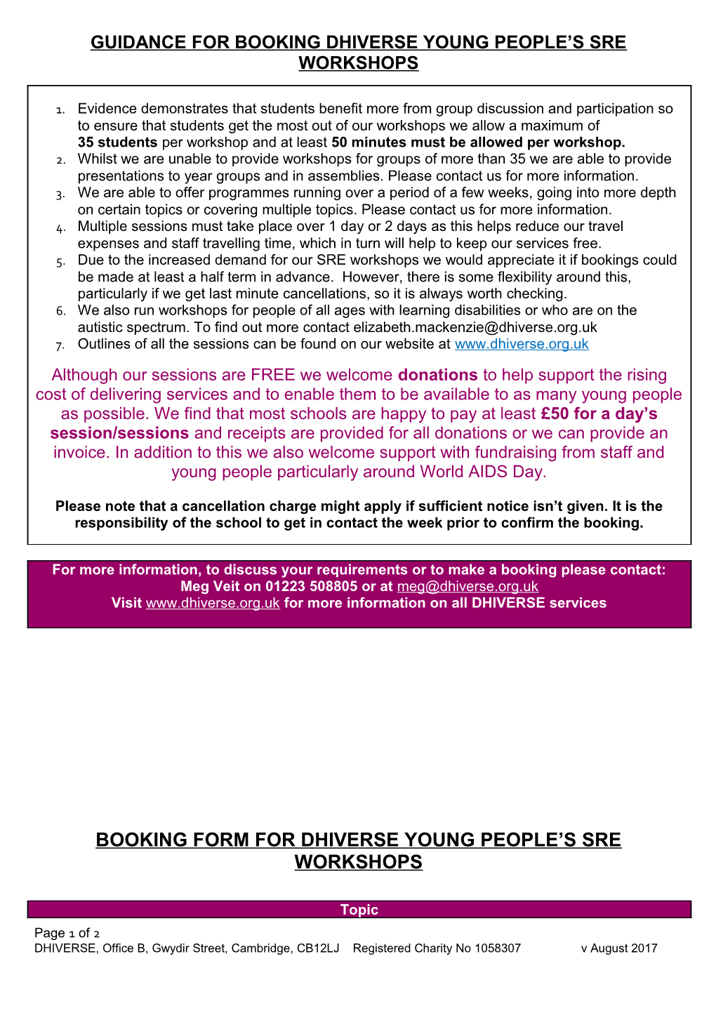 Guidance for Booking Dhiverse Young People S Sre Workshops