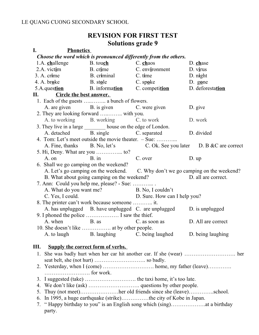 Revision for First Test