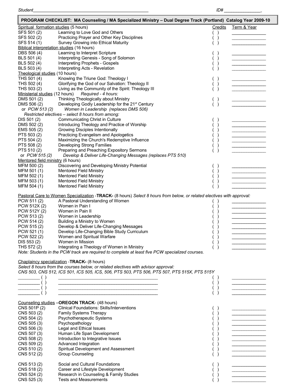 Spiritual Formation Studies (5 Hours)Creditsterm & Year