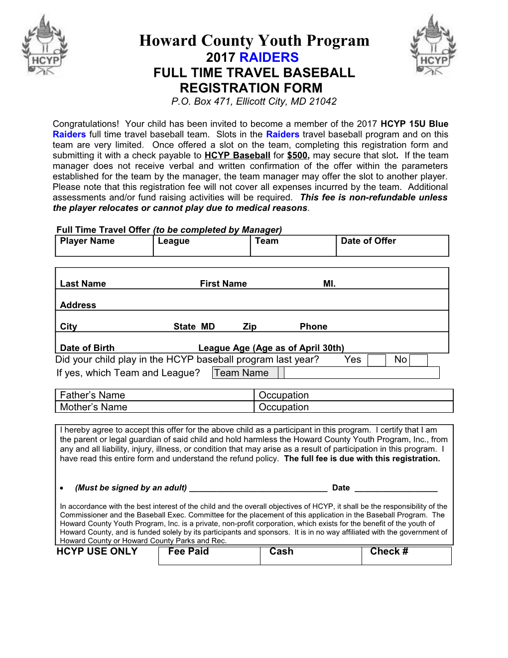 Howard County Youth Program F/T Travel Registration Form