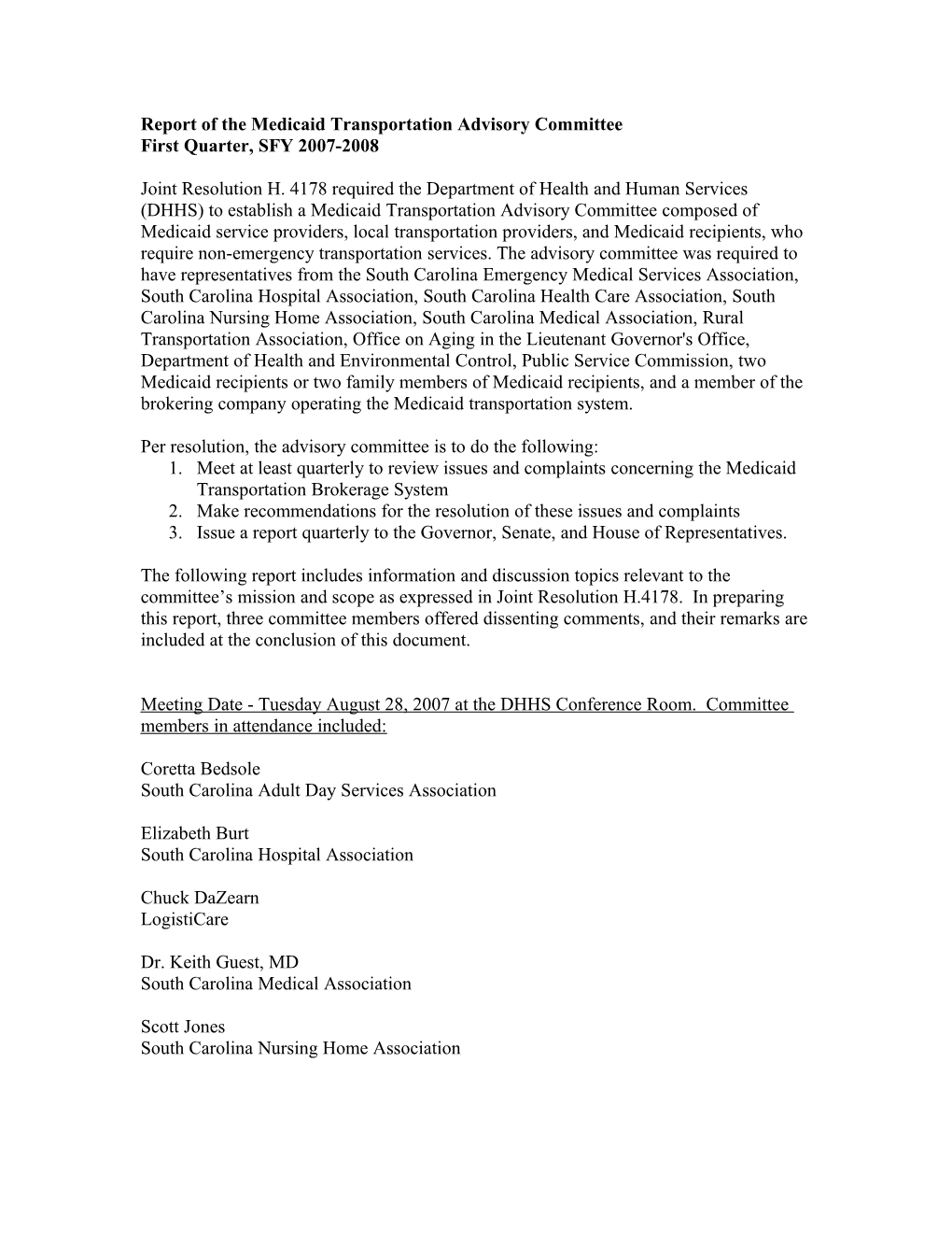 Report of the Medicaid Transportation Advisory Committee