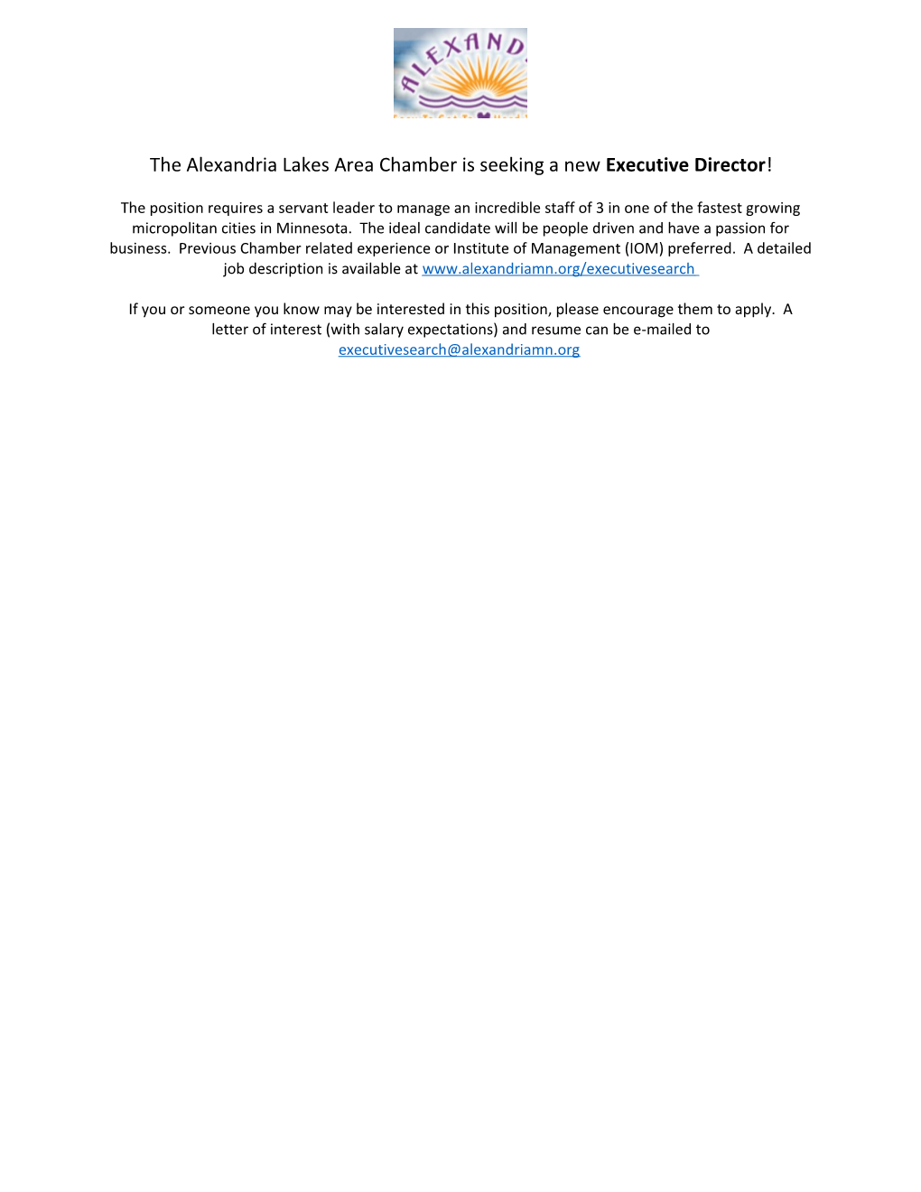 The Alexandria Lakes Area Chamber Is Seeking a New Executive Director !