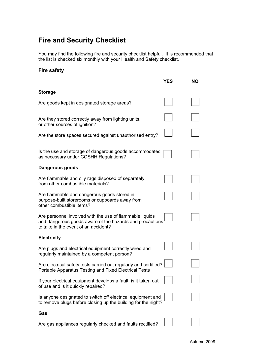 Fire and Security Checklist