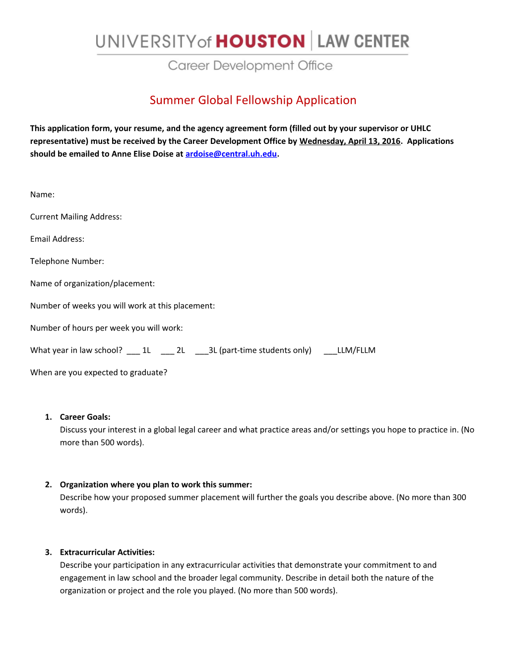 Summer Global Fellowship Application