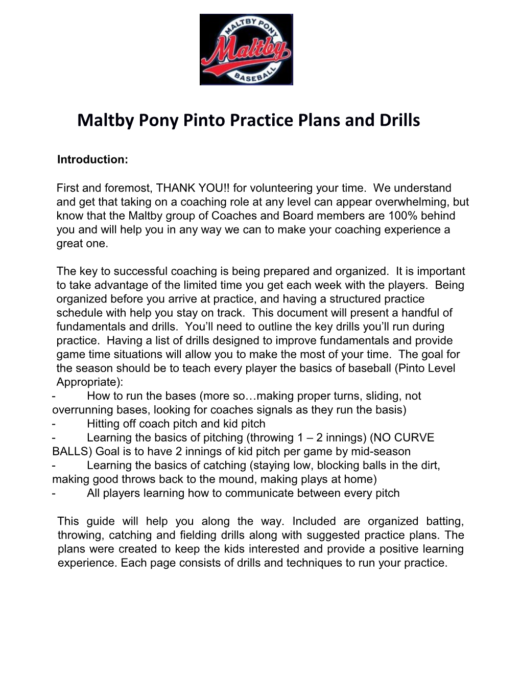 Maltby Pony Pinto Practice Plans and Drills
