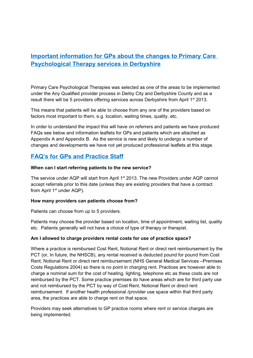 Important Information for Gps About the Changes to Primary Care Psychological Therapy