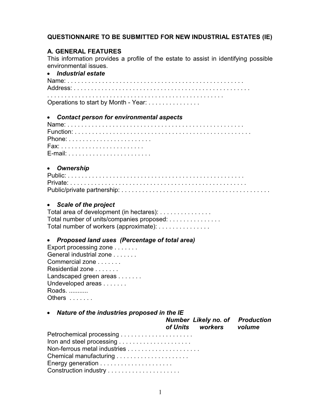 Questionnaire to Be Submitted for New Industrial Estates