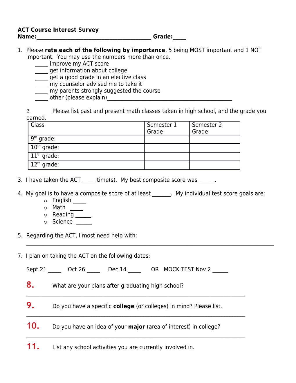 ACT Course Interest Survey