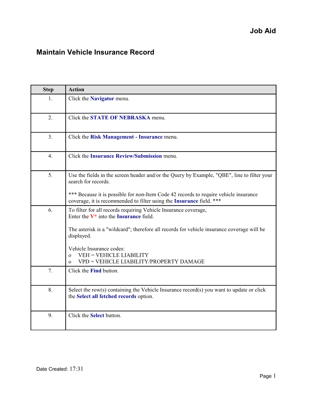 Maintain Vehicle Insurance Record