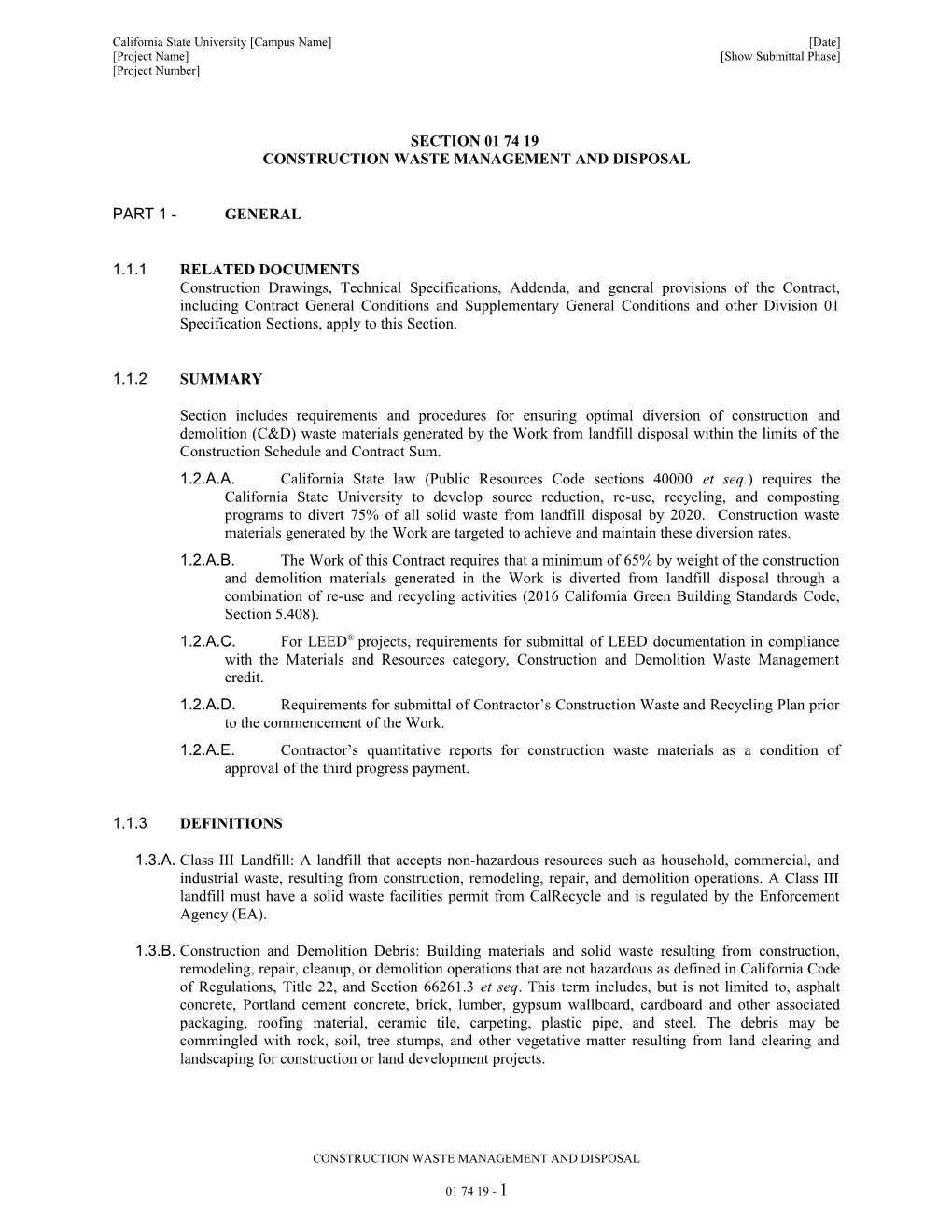 CMRA Master Specification for C&D Recycling, Section 01151