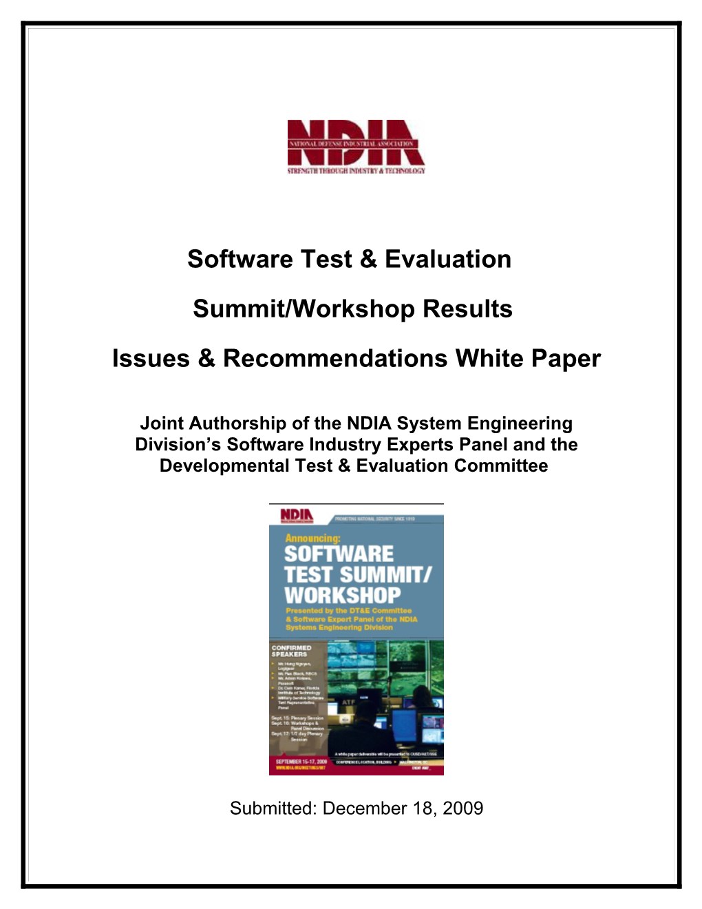 Software T&E Summit/Workshop Issues & Recommendations White Paper