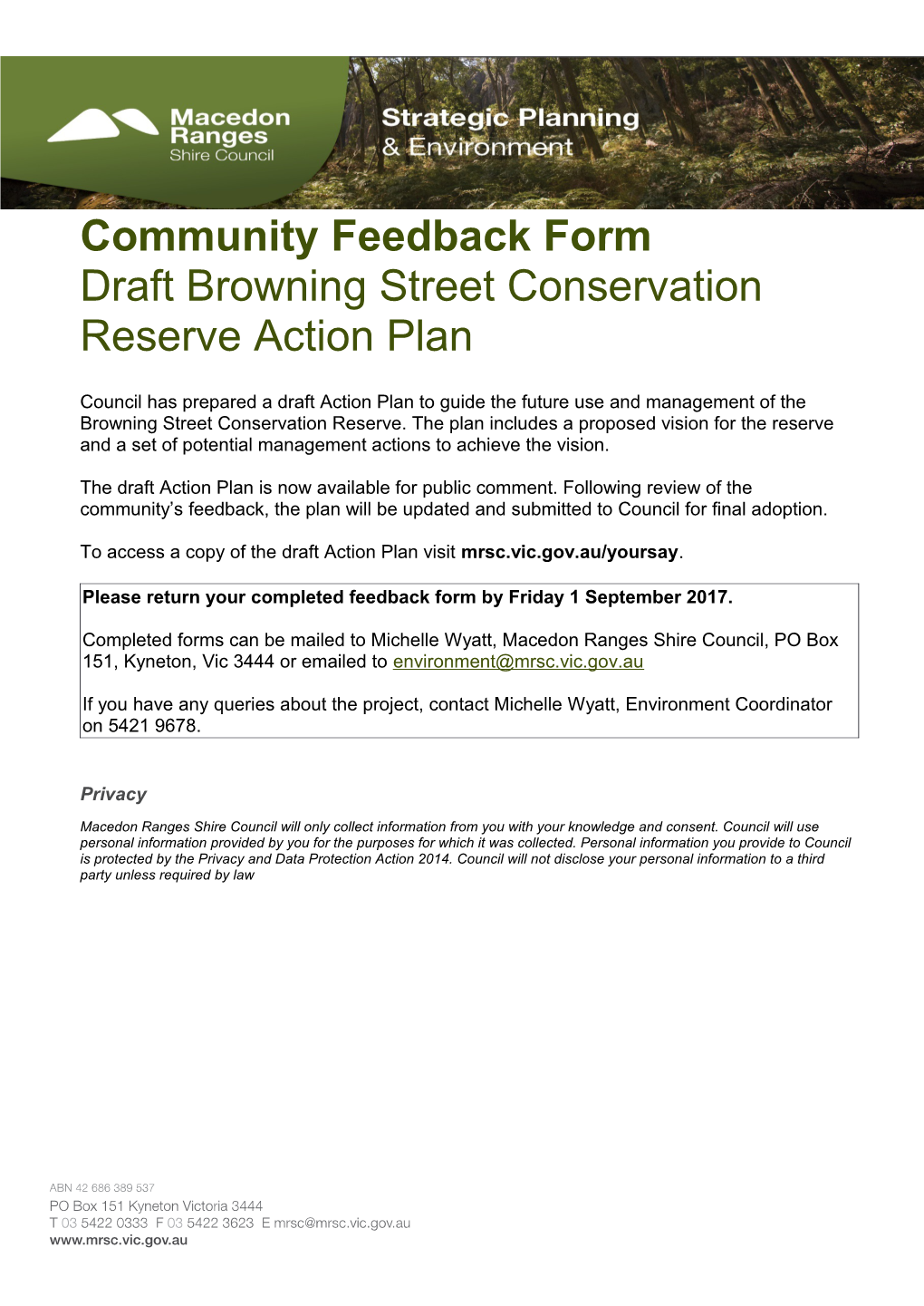 Community Feedback Form Draft Browning Street Conservation Reserve Action Plan