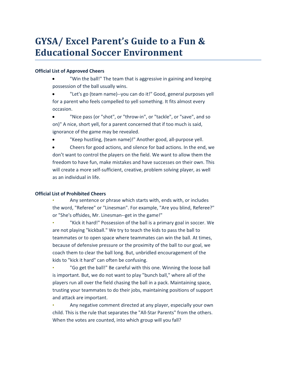 GYSA/ Excel Parent S Guide to a Fun & Educational Soccer Environment