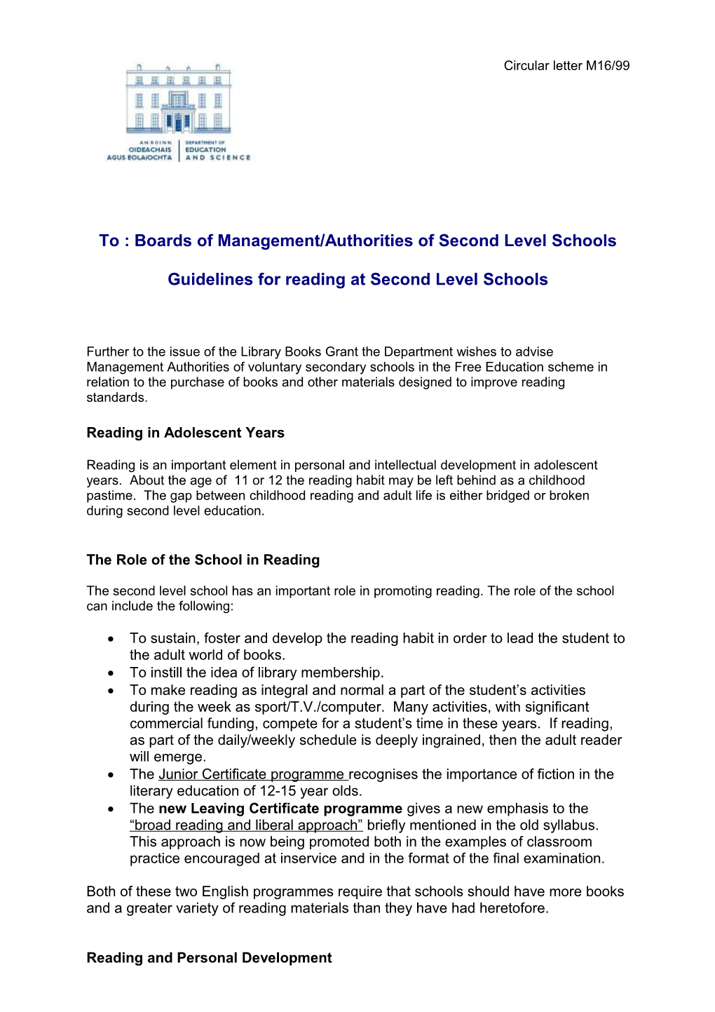 Circular M16/99 Guidelines for Reading at Second Level Schools (File Word Format 47KB)