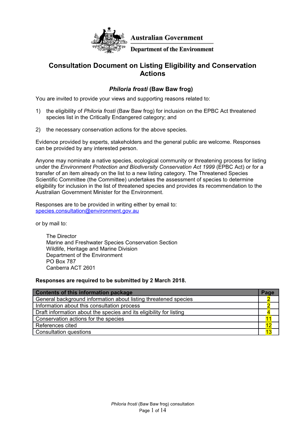 Consultation Document on Listing Eligibility and Conservation Actions Philoria Frosti (Baw