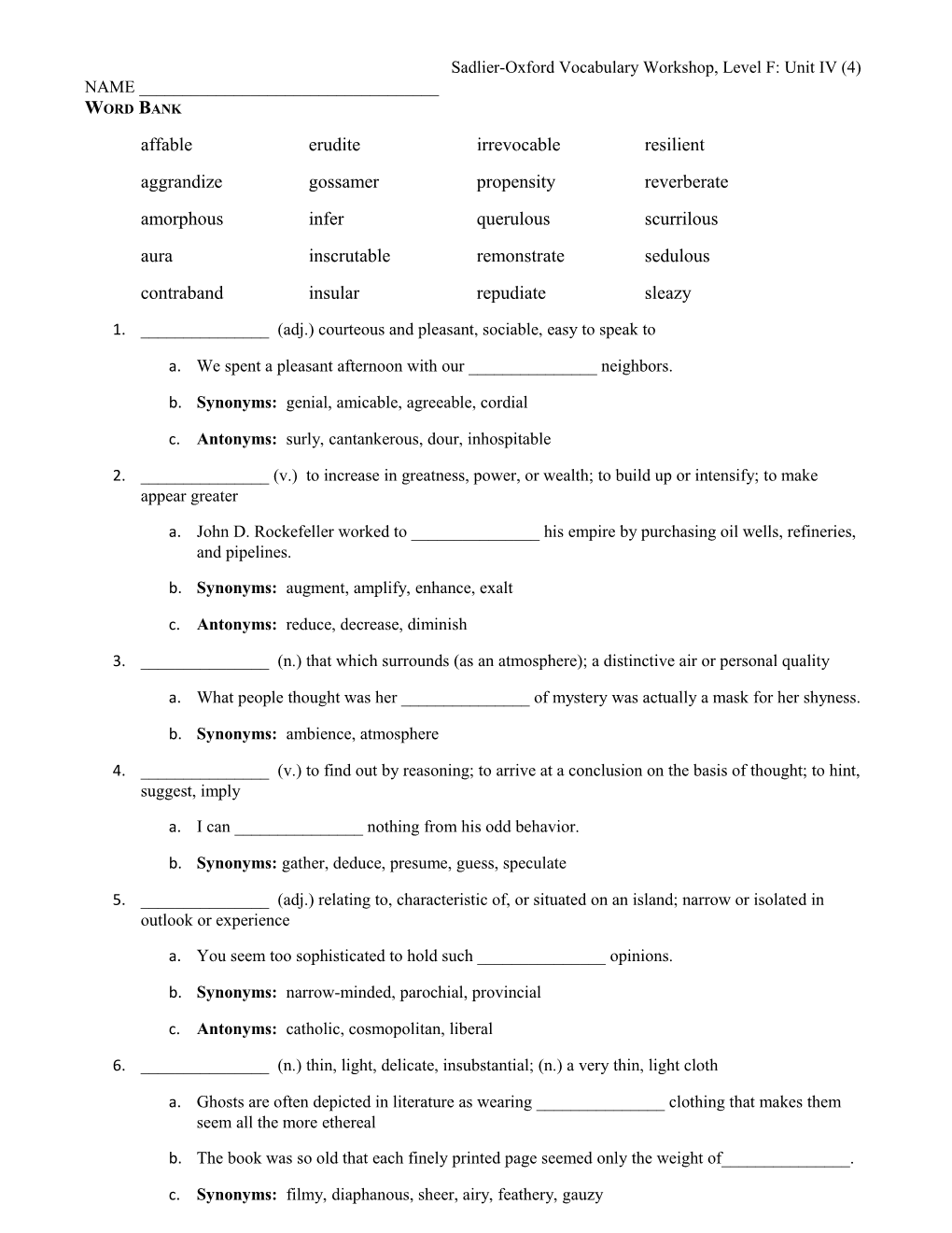 Sadlier-Oxford Vocabulary Workshop, Level F: Unit IV (4)