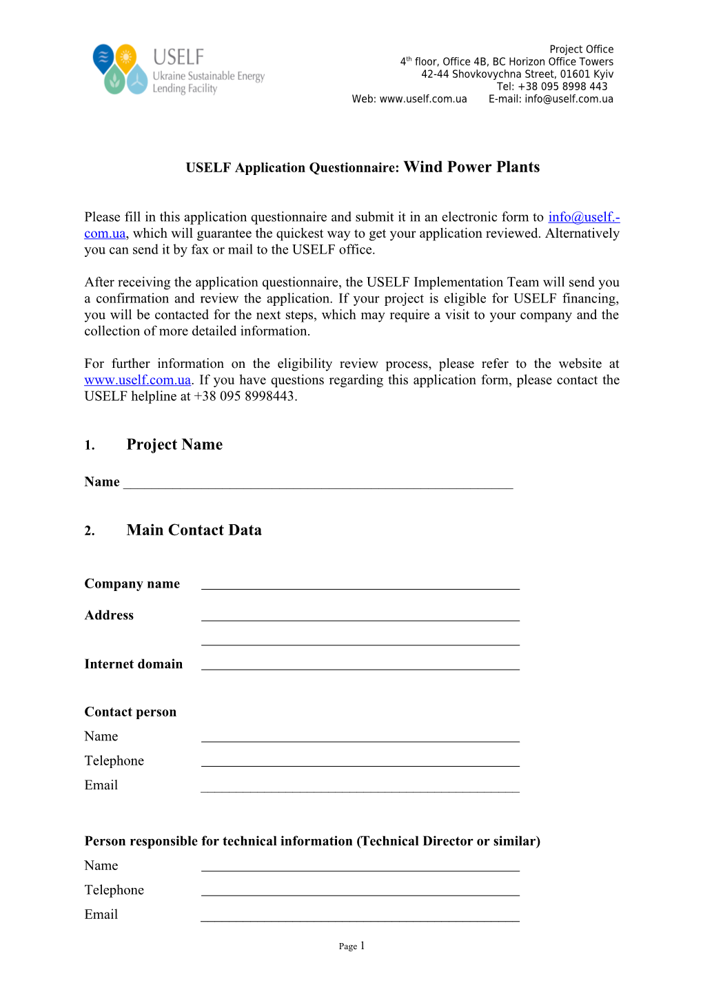 USELF Application Questionnaire: Wind Power Plants