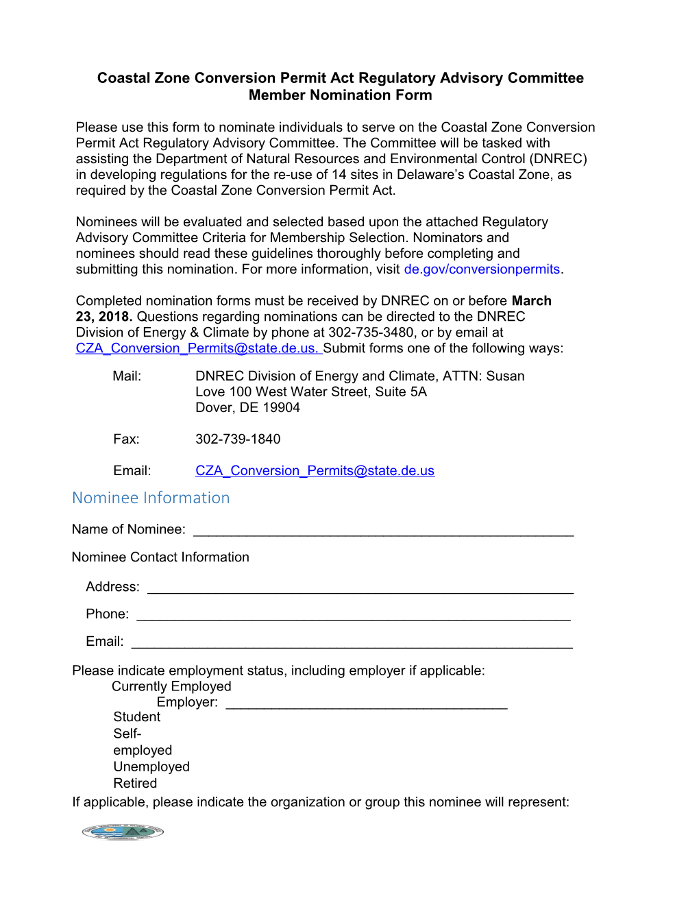 Coastal Zone Conversion Permit Act Regulatory Advisory Committee Member Nomination Form