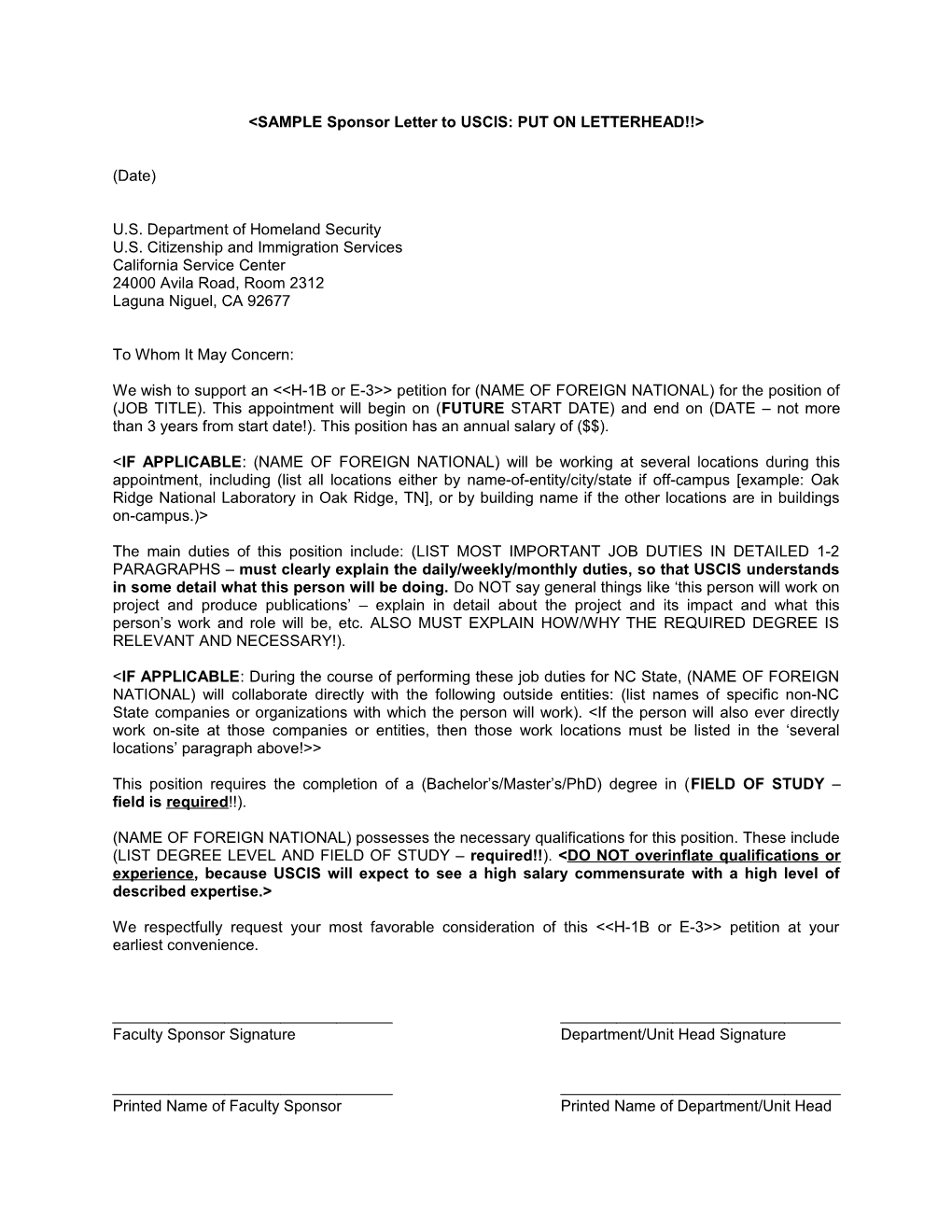 &lt;SAMPLE Sponsor Letter to USCIS: PUTON LETTERHEAD &gt;