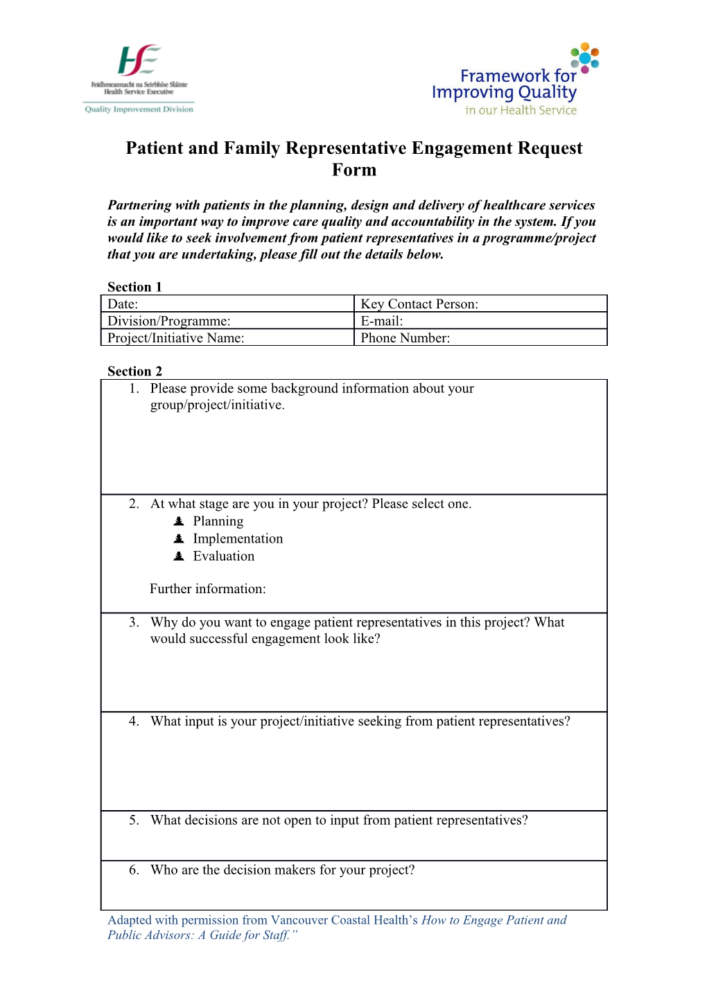 Patient and Family Representative Engagement Request Form