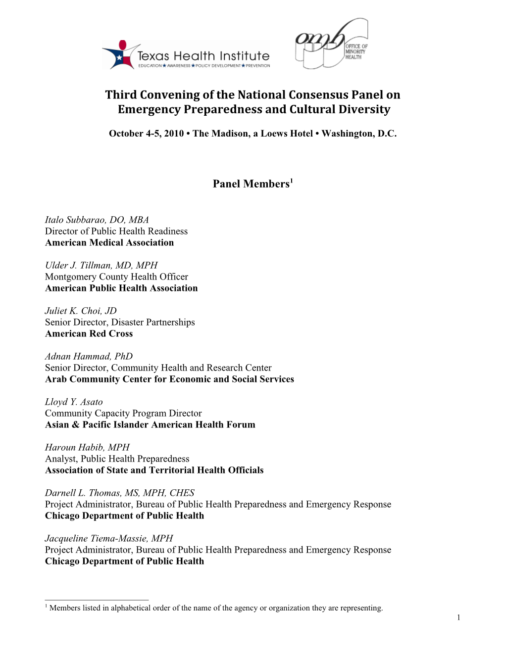 The First National Consensus Panel Meeting on Emergency Preparedness And