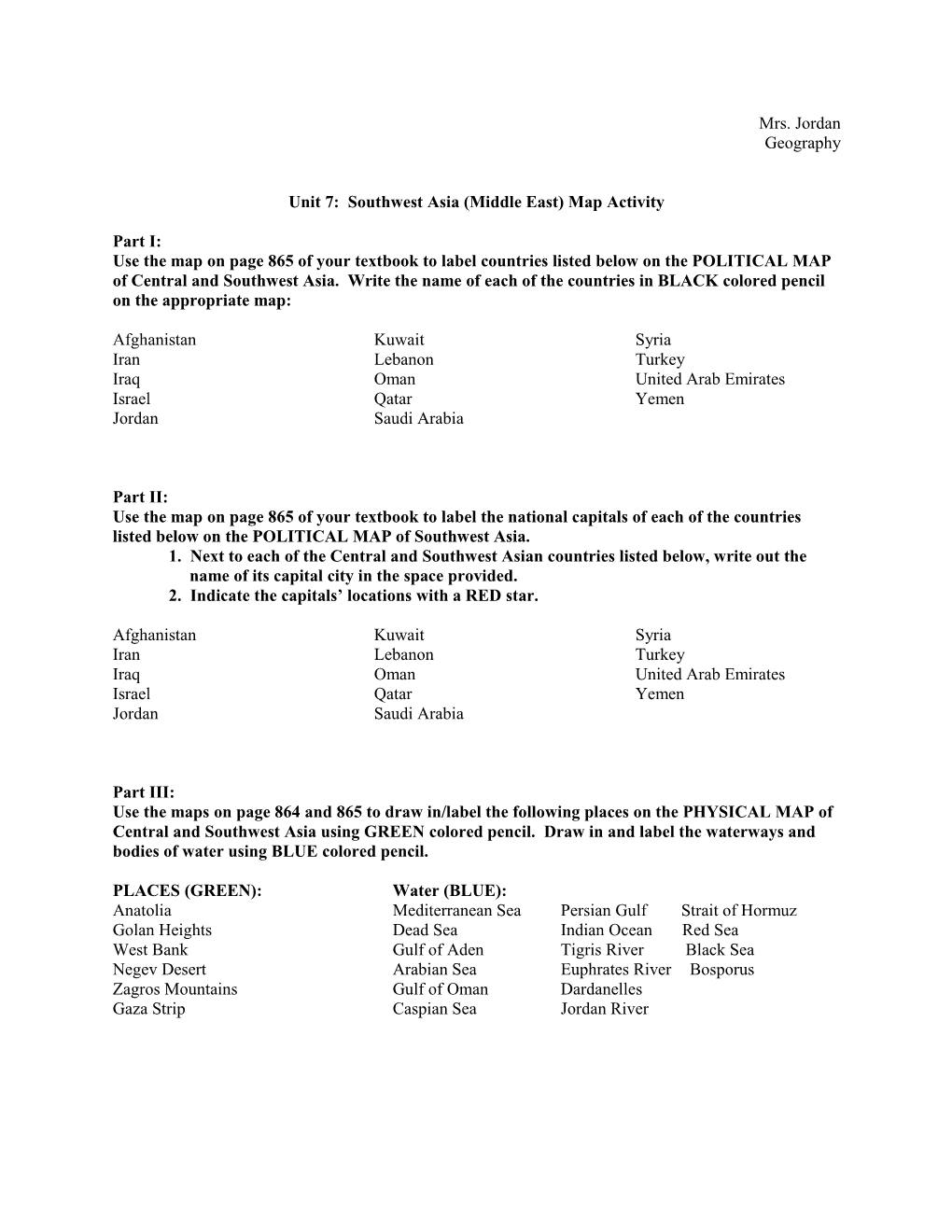 Unit 7: Southwest Asia (Middle East) Map Activity