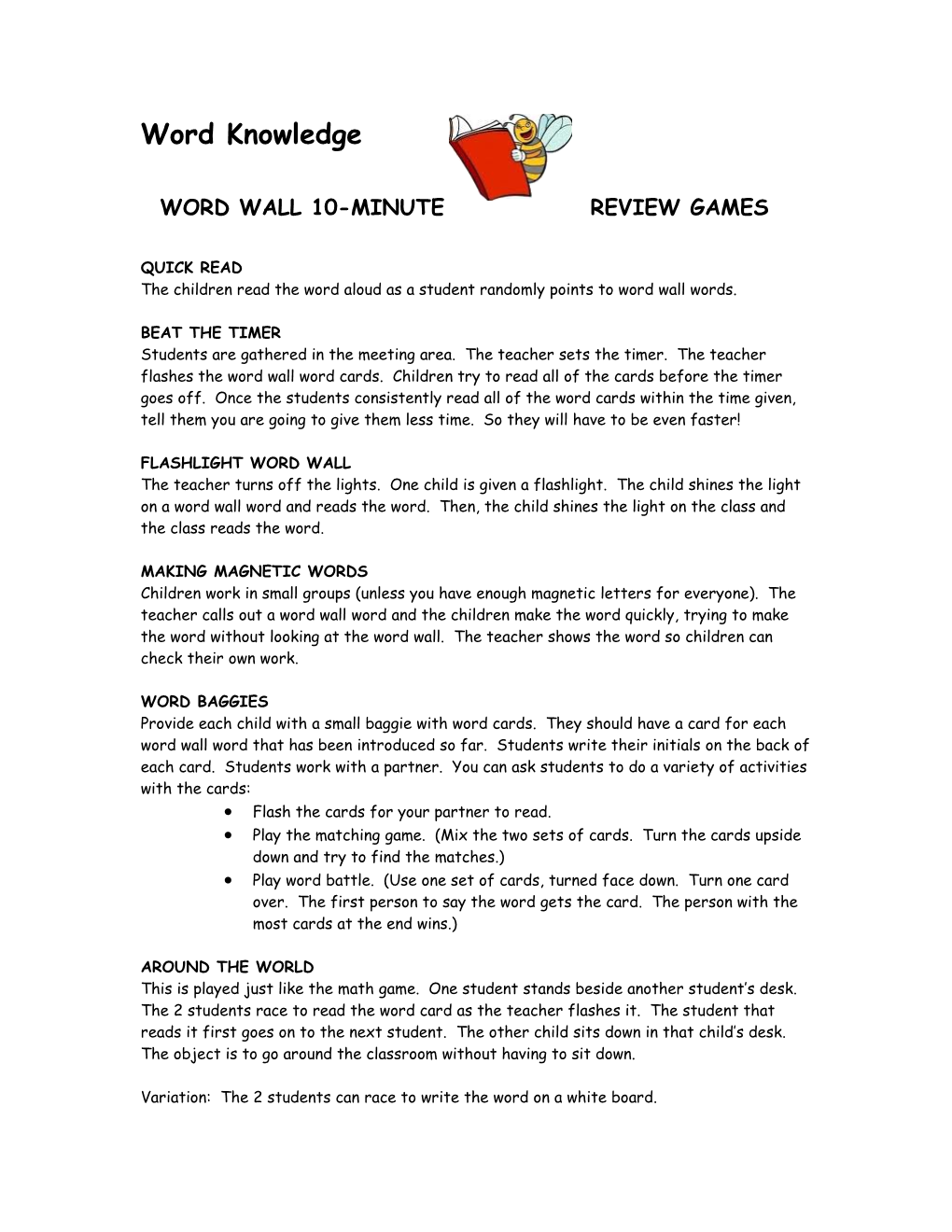 Word Wall 10-Minute Review Games