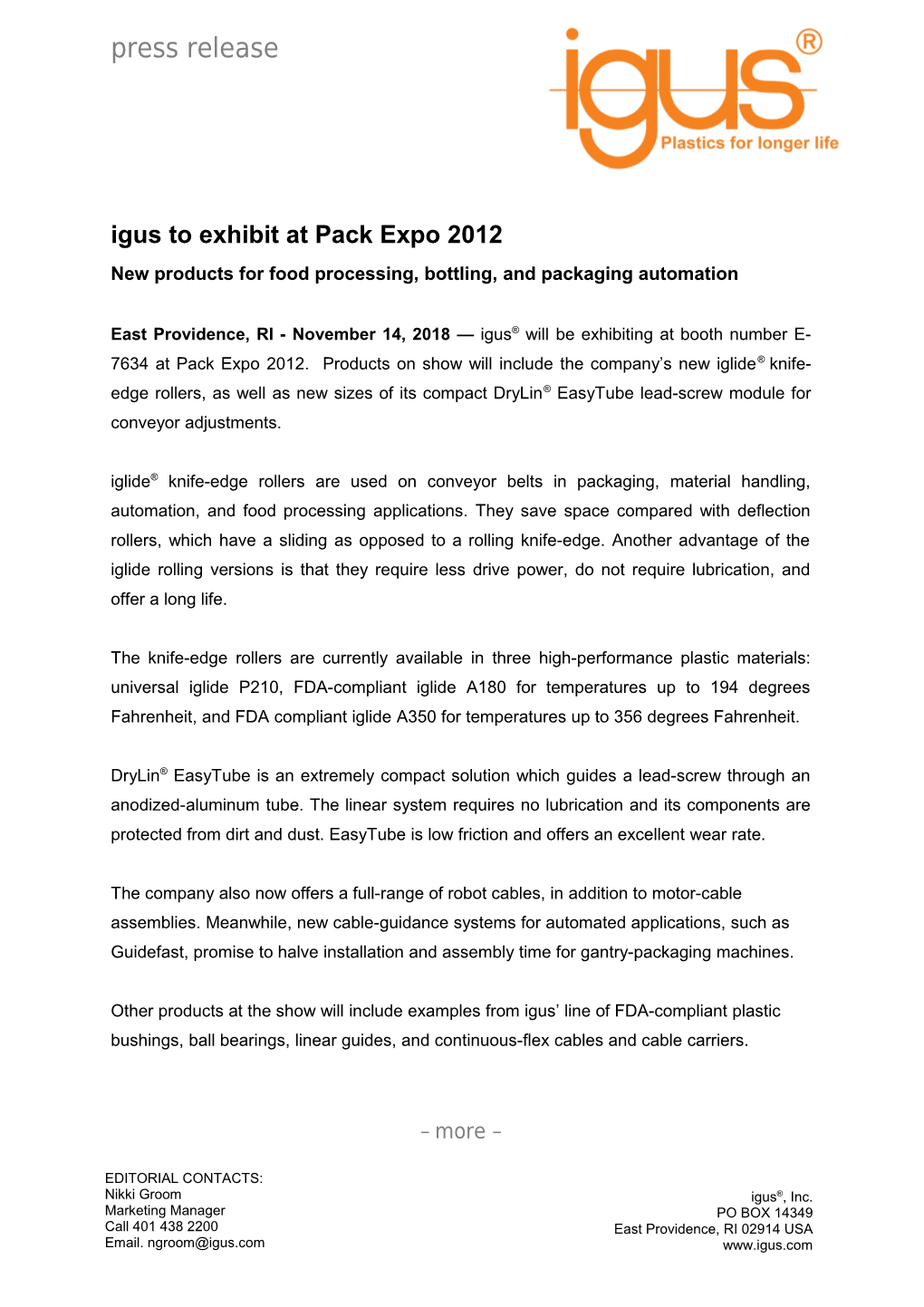 Igus to Exhibit at Pack Expo 2012
