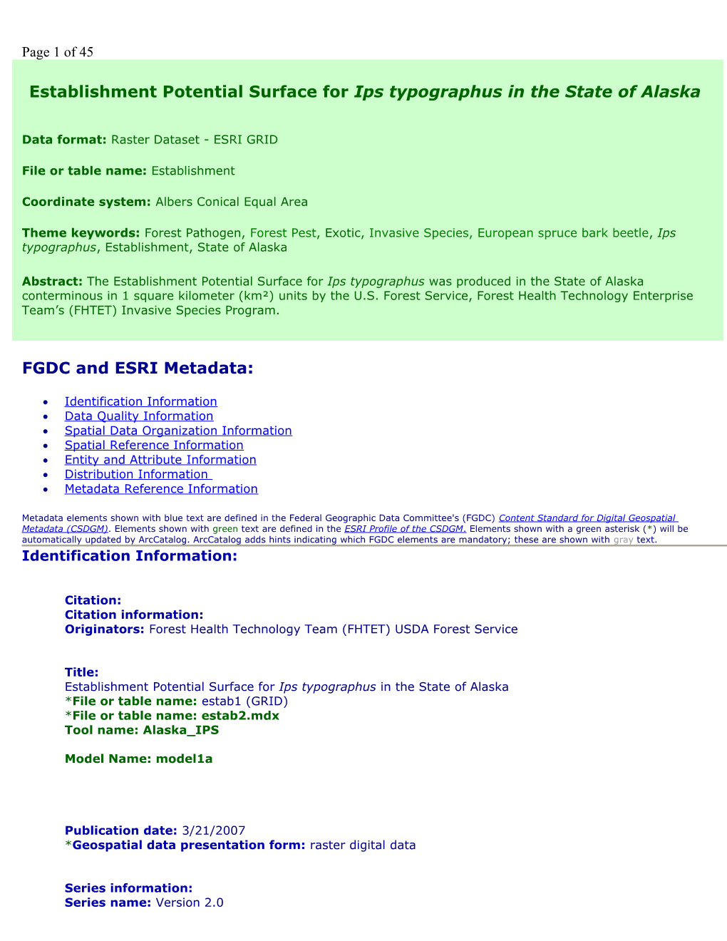 Establishment Risk Surface for Sirex Noctilio