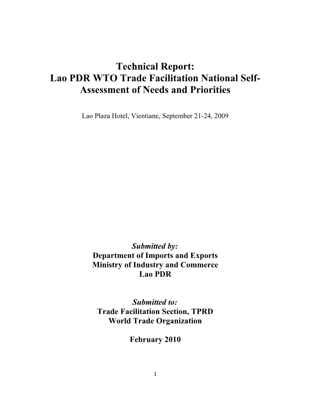 Lao PDR WTO Trade Facilitation National Self-Assessment of Needs and Priorities