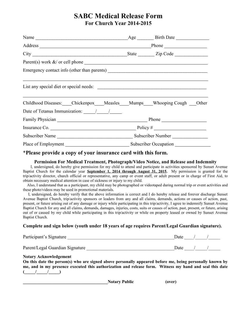 SABC Medical Release Form